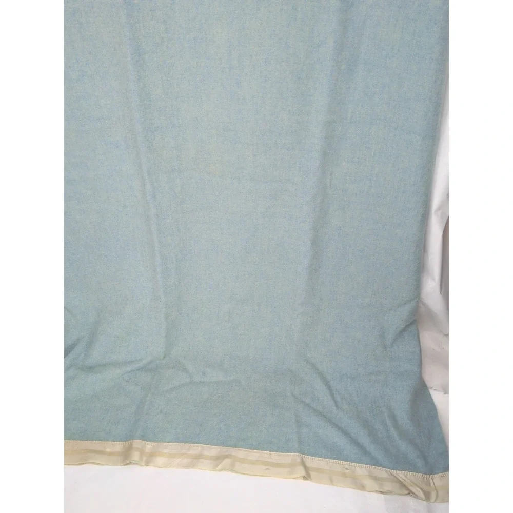 Vintage Kenwood Wool Satin Trim Teal Blue Blanket 73X84 In